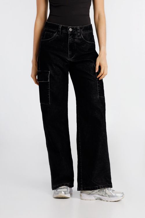 Jeans Wide Leg Tiro Alto Negro Básico